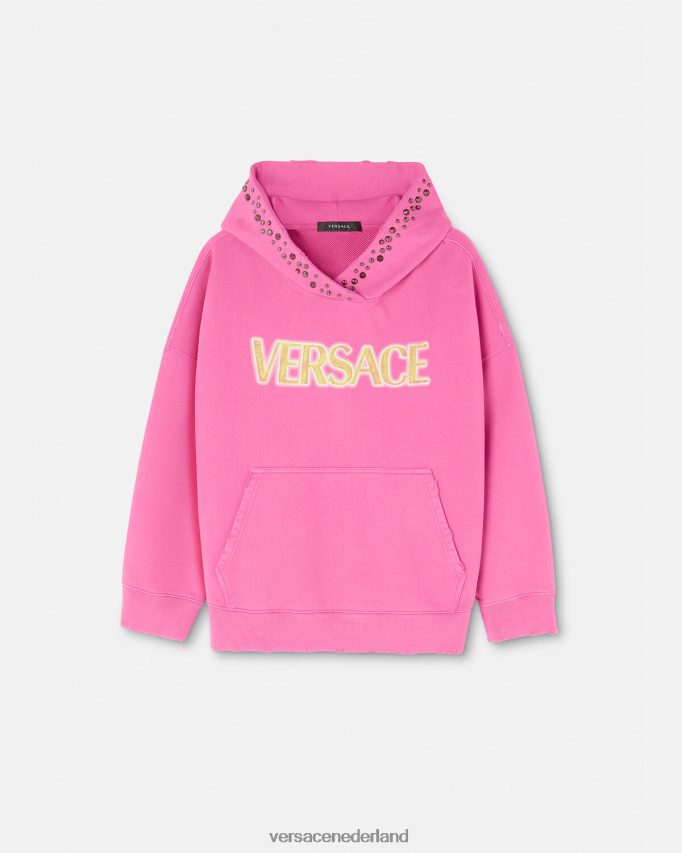 Versace Hoodie met bezaaid verweerd logo vrouwen roze kleding J2T4F4143