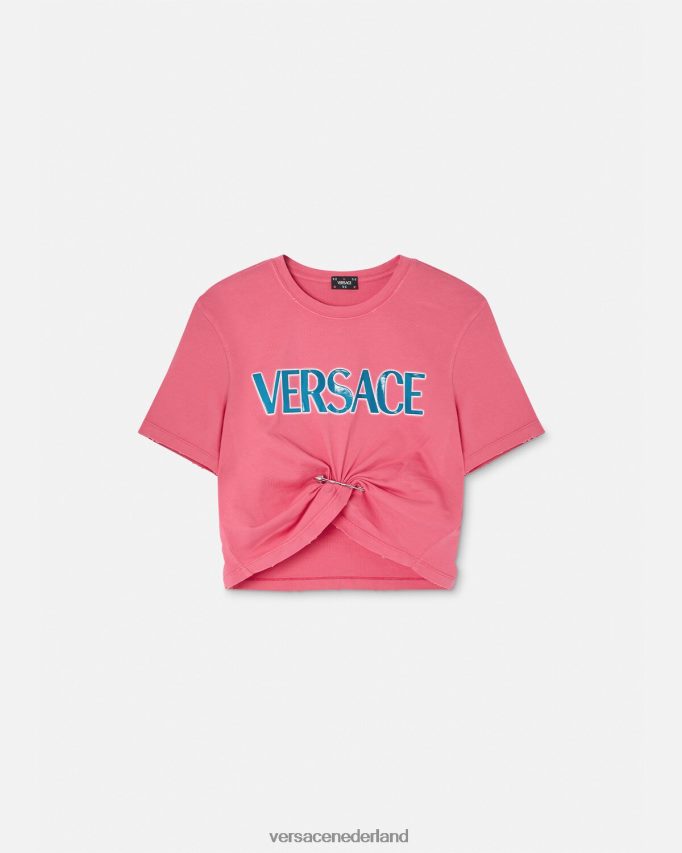 Versace T-shirt met veiligheidsspeldlogo vrouwen roze kleding J2T4F4139